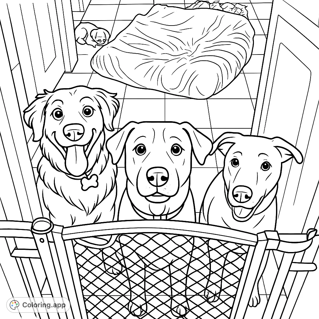 An adorable dog coloring page featuring three curious pups peering over a decorative gate, ready for your creative touch. Perfect for animal lovers!