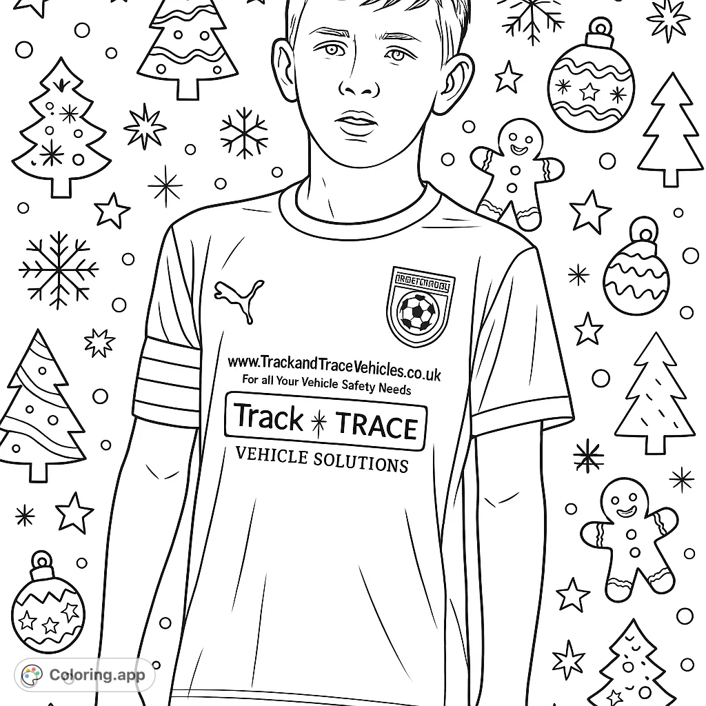 A determined young soccer player in a detailed uniform, set against a festive Christmas patterned background for joyful coloring fun. Free printable!