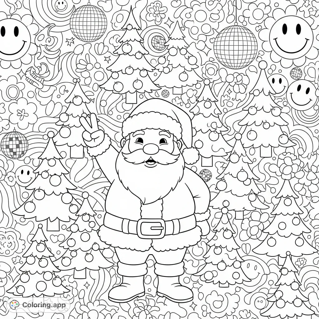 A super groovy Christmas coloring page featuring Santa Claus flashing a peace sign amidst festive trees and retro icons like swirls, smiley faces, and disco balls.