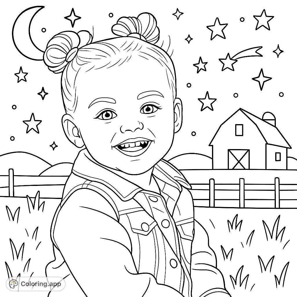 A happy farm child with two hair buns smiles broadly, surrounded by subtle celestial elements and stars. A charming, free printable farm coloring page.