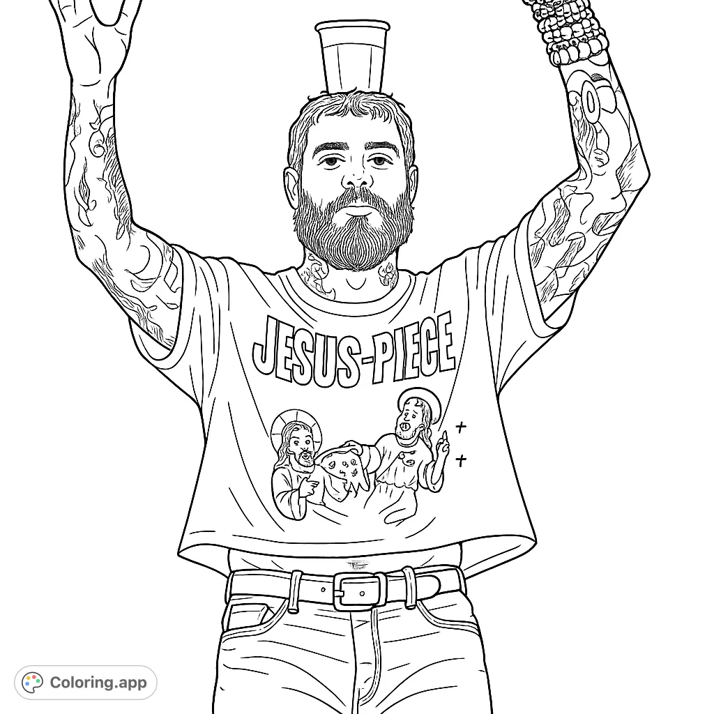 Capture the energy of a performer with a unique style, featuring a balanced cup, detailed tattoos, and graphic t-shirt. A fun and expressive portrait.