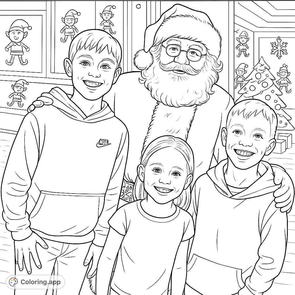 A heartwarming scene of Santa Claus with three smiling children, perfect for festive coloring fun. Features a jolly Santa, happy kids, and a festive background.
