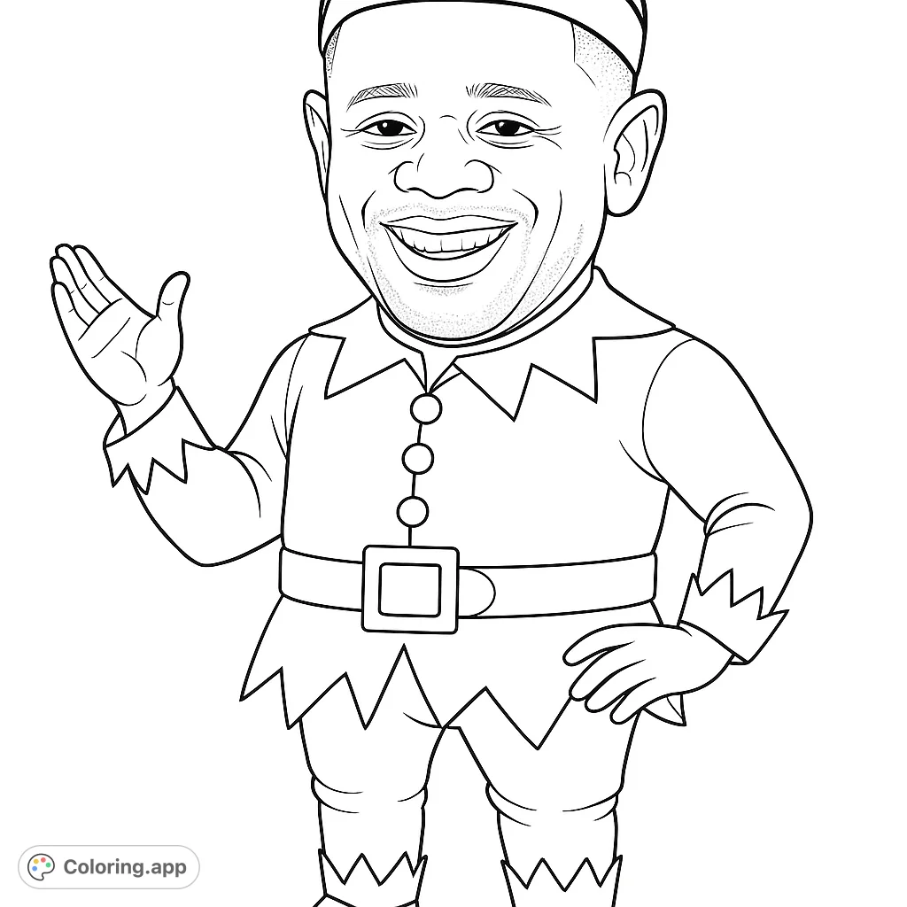 Color a cheerful elf caricature! This festive design features a smiling man in a classic elf costume, ready to bring holiday cheer with unique details.
