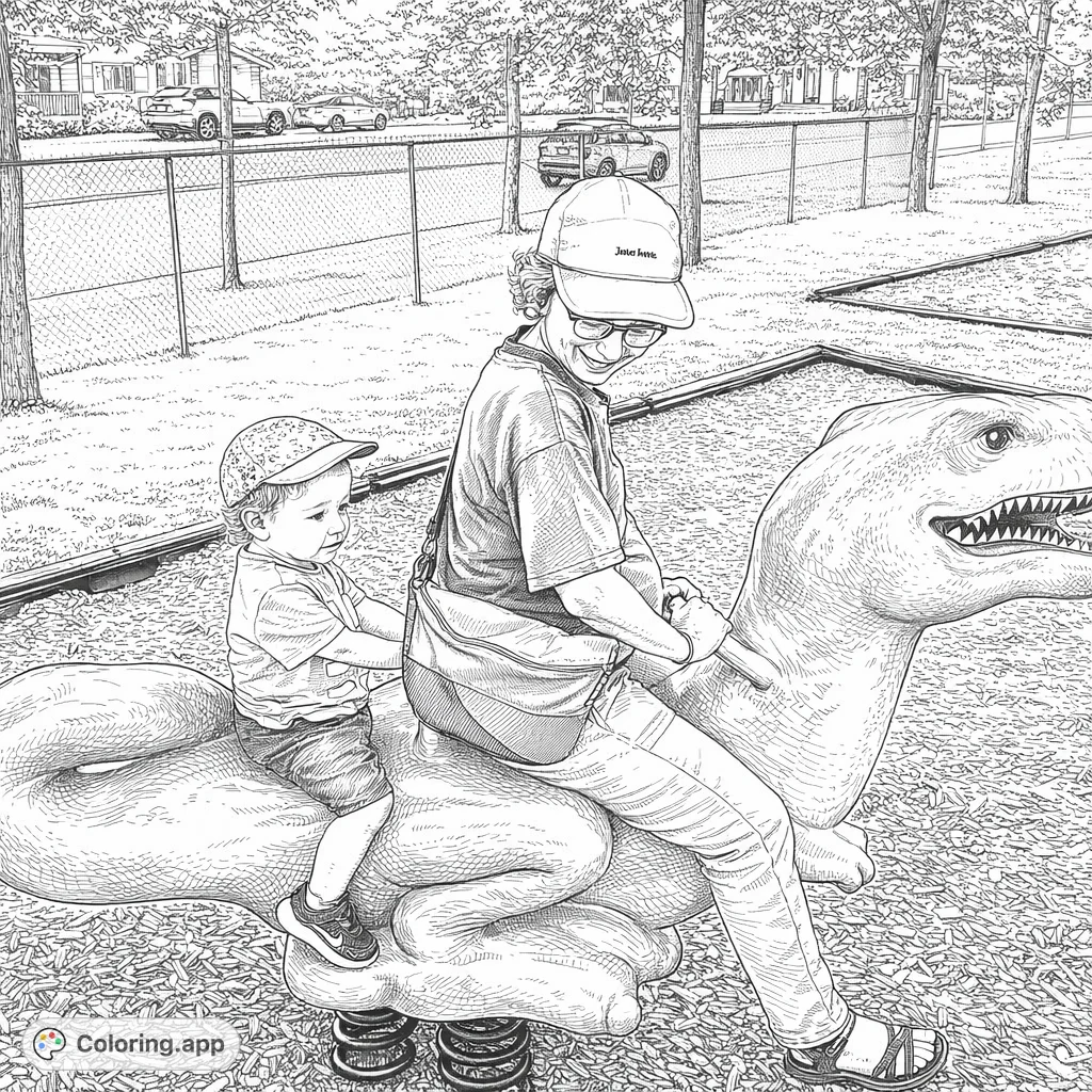 Enjoy coloring a fun scene with a woman and child riding a dinosaur spring rider at a playground, featuring detailed characters and a vibrant setting.