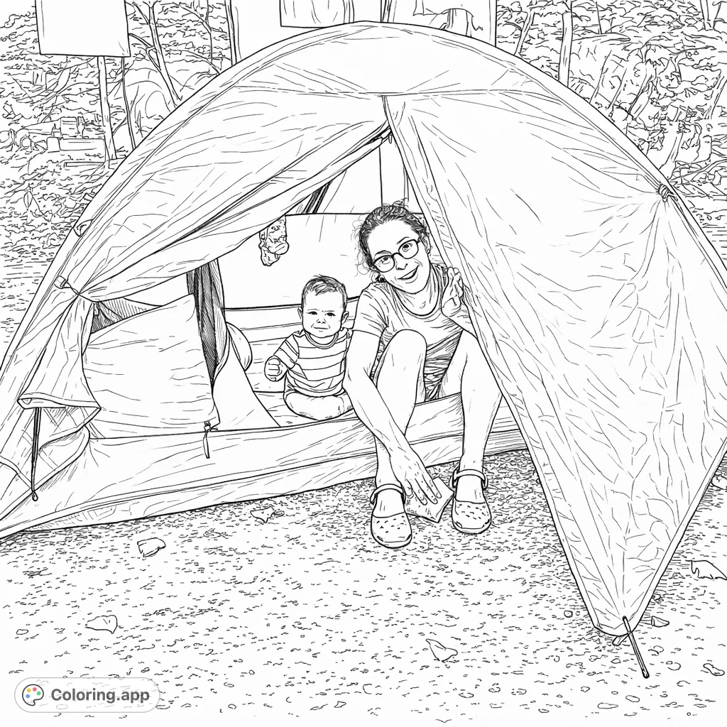 Capture the joy of a family camping adventure! This detailed coloring page features a happy mother and baby enjoying their tent in a scenic outdoor setting.