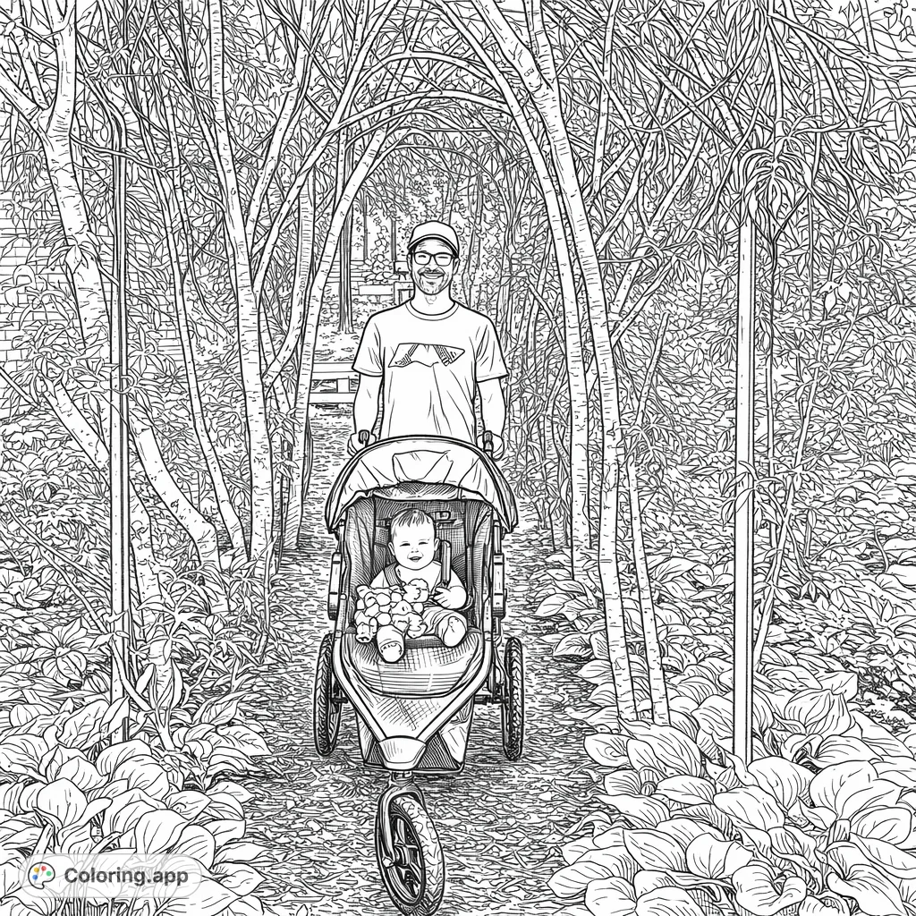 Join a father and his cheerful baby on a delightful stroll through a whimsical garden archway. This realistic scene is filled with natural details for a relaxing coloring experience.