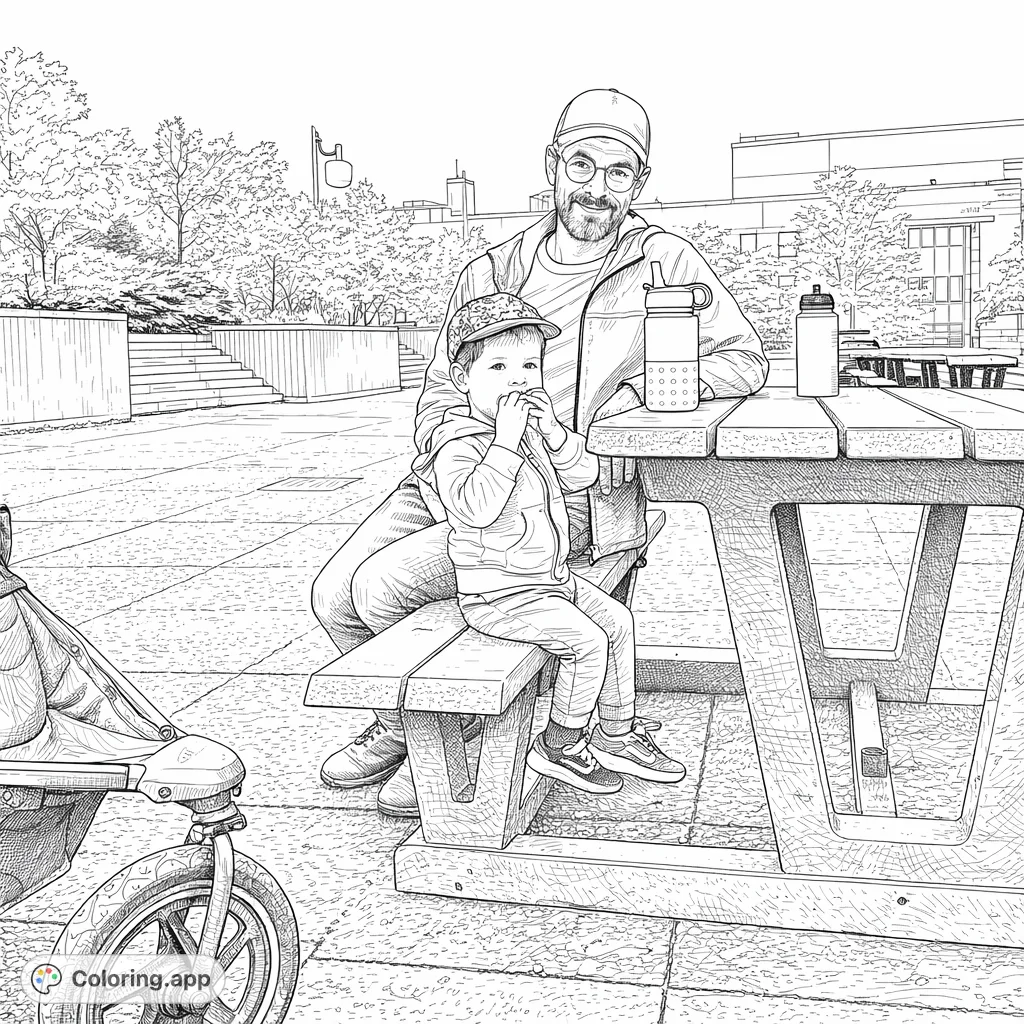 Capture a heartwarming scene of a father and child enjoying an outdoor picnic. A charming design perfect for family-themed coloring.
