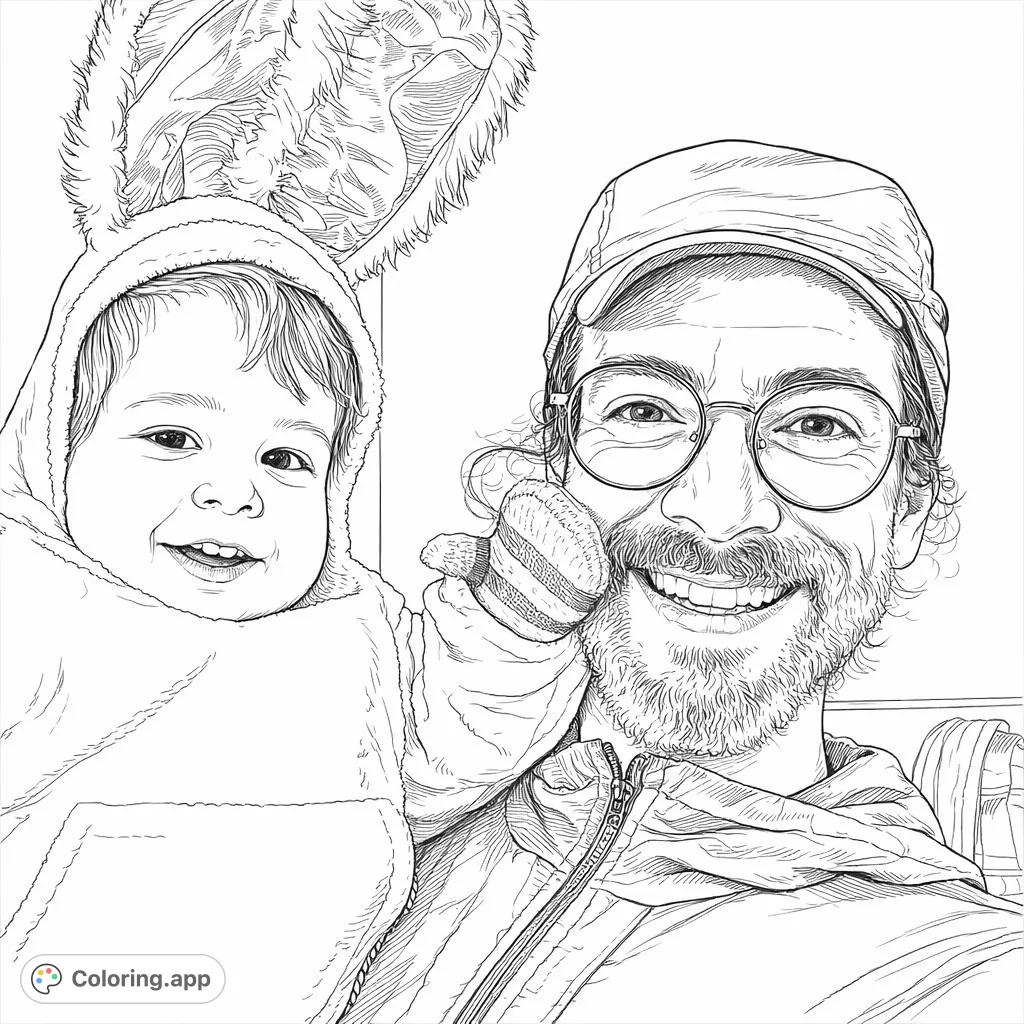 A heartwarming realistic coloring page featuring a smiling person holding an adorable baby in a fluffy bunny costume, perfect for family-themed creative expression.