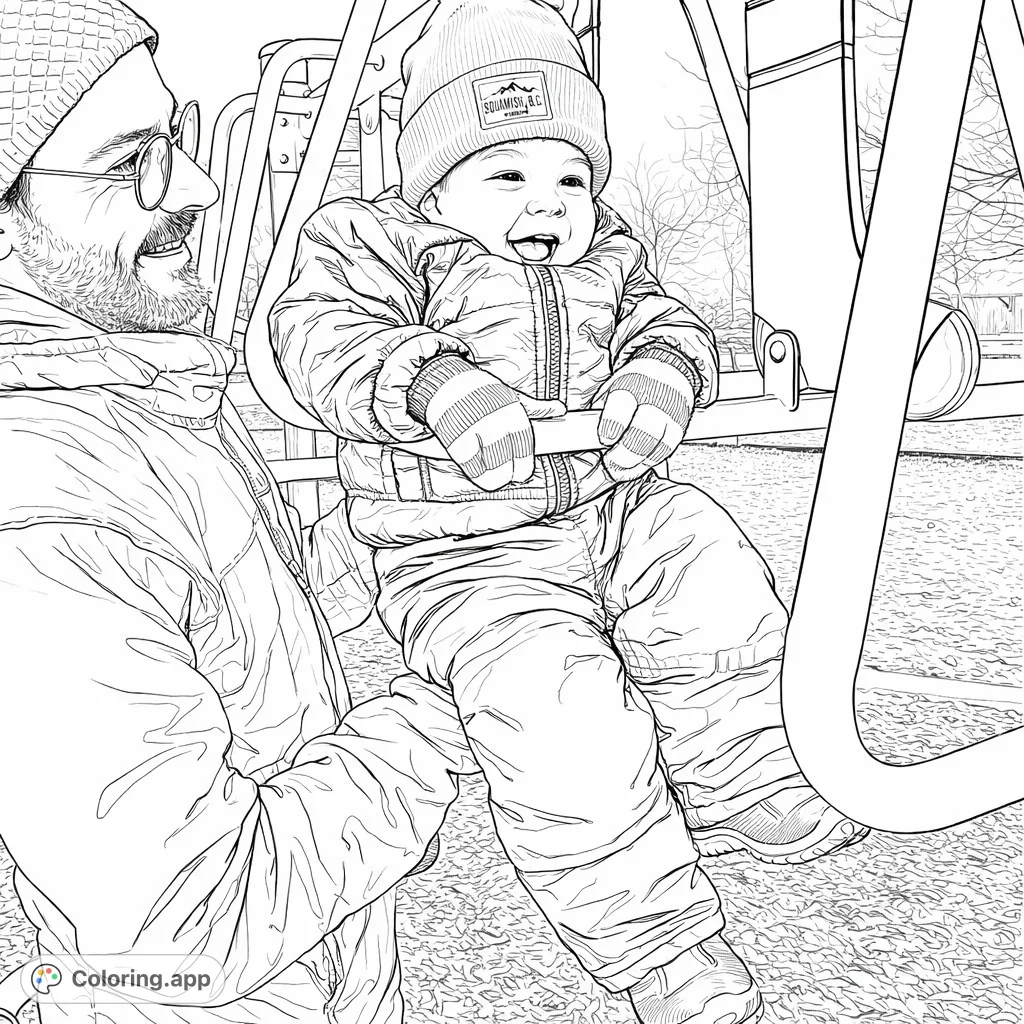 Capture a heartwarming moment of a man and a joyful baby on a playground swing. Perfect for all ages, with realistic details for a fun coloring experience.