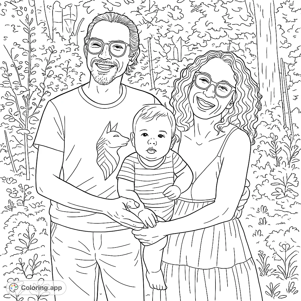 Capture the warmth of a loving family in a serene garden setting. This family portrait coloring page features parents with their baby amidst lush foliage.