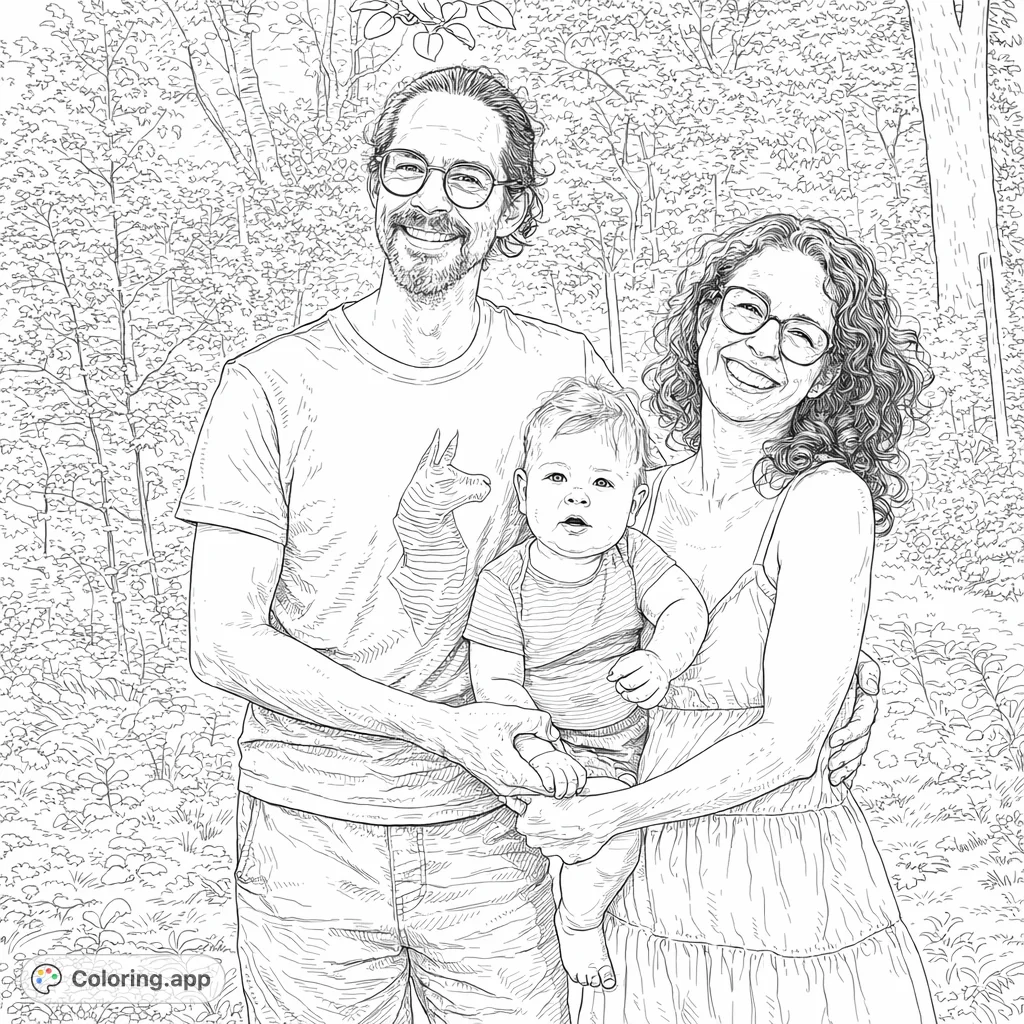 A heartwarming family coloring page featuring a smiling couple and their infant in a lush garden. Celebrate family bonds and the beauty of nature.