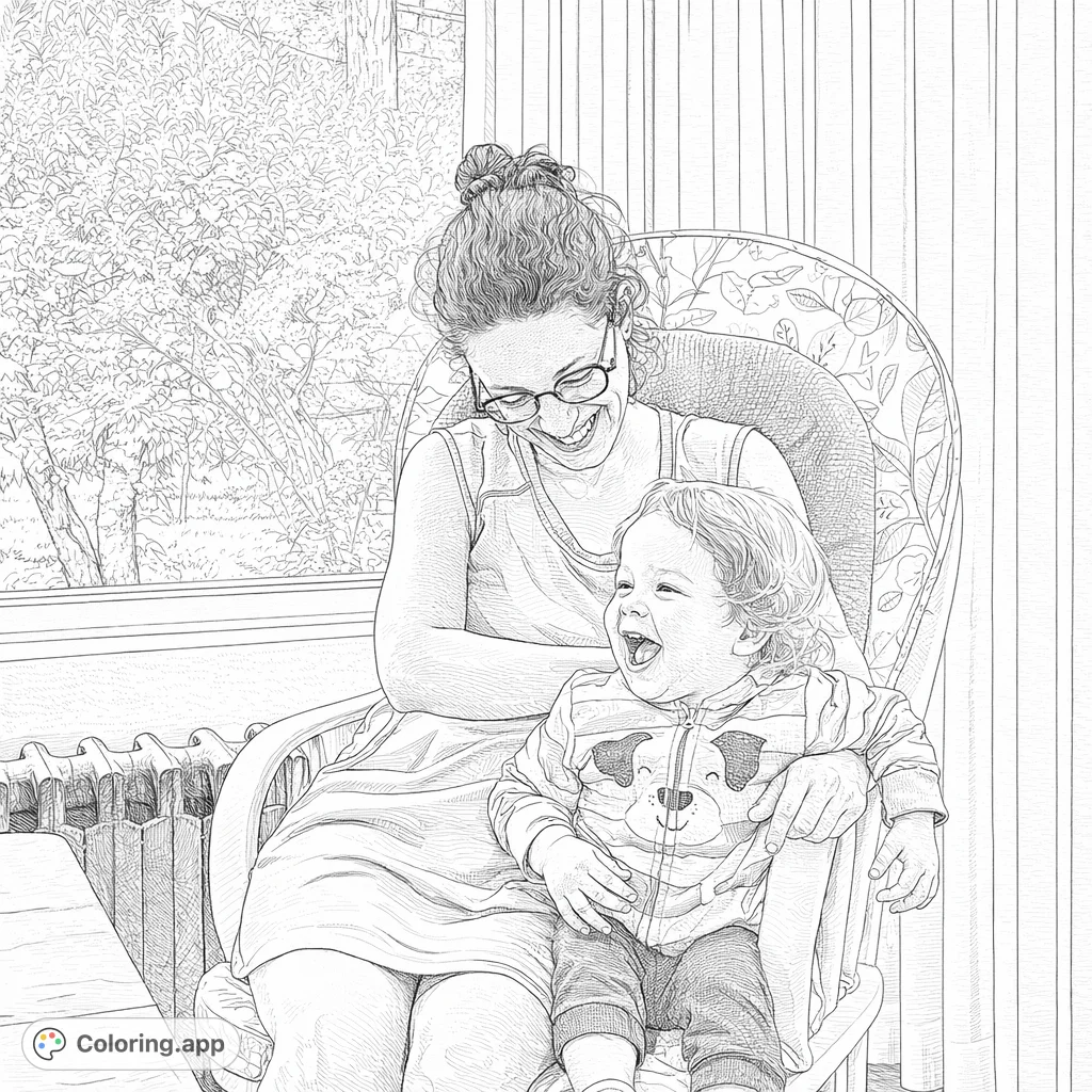 Capture a heartwarming moment of a mother and her laughing toddler. This realistic scene offers delightful details for a creative coloring experience.
