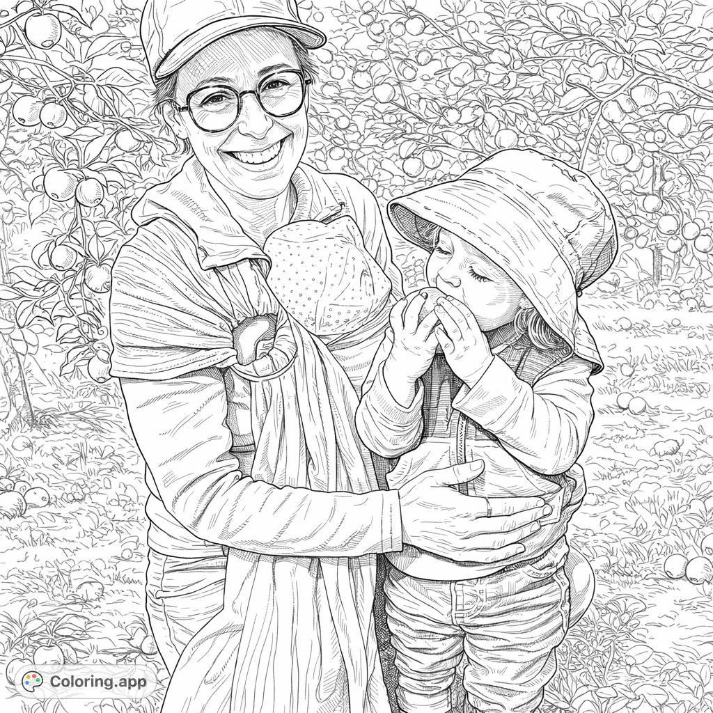Capture a heartwarming family moment in an orchard. A mother smiles with her baby in a sling, while a toddler enjoys a freshly picked fruit.