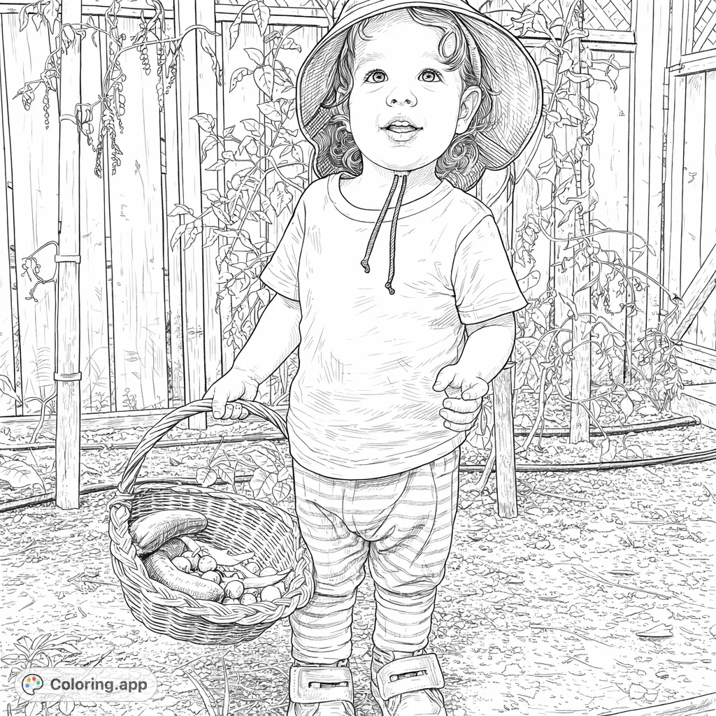 A charming little gardener proudly displays a basket overflowing with fresh vegetables. This realistic scene captures the joy of harvesting from a home garden.