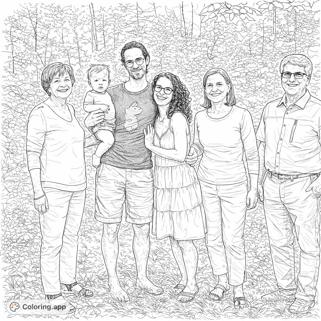 Capture a heartwarming multi-generational family portrait in a lush garden setting. This realistic coloring page features six smiling individuals, perfect for personalized art.