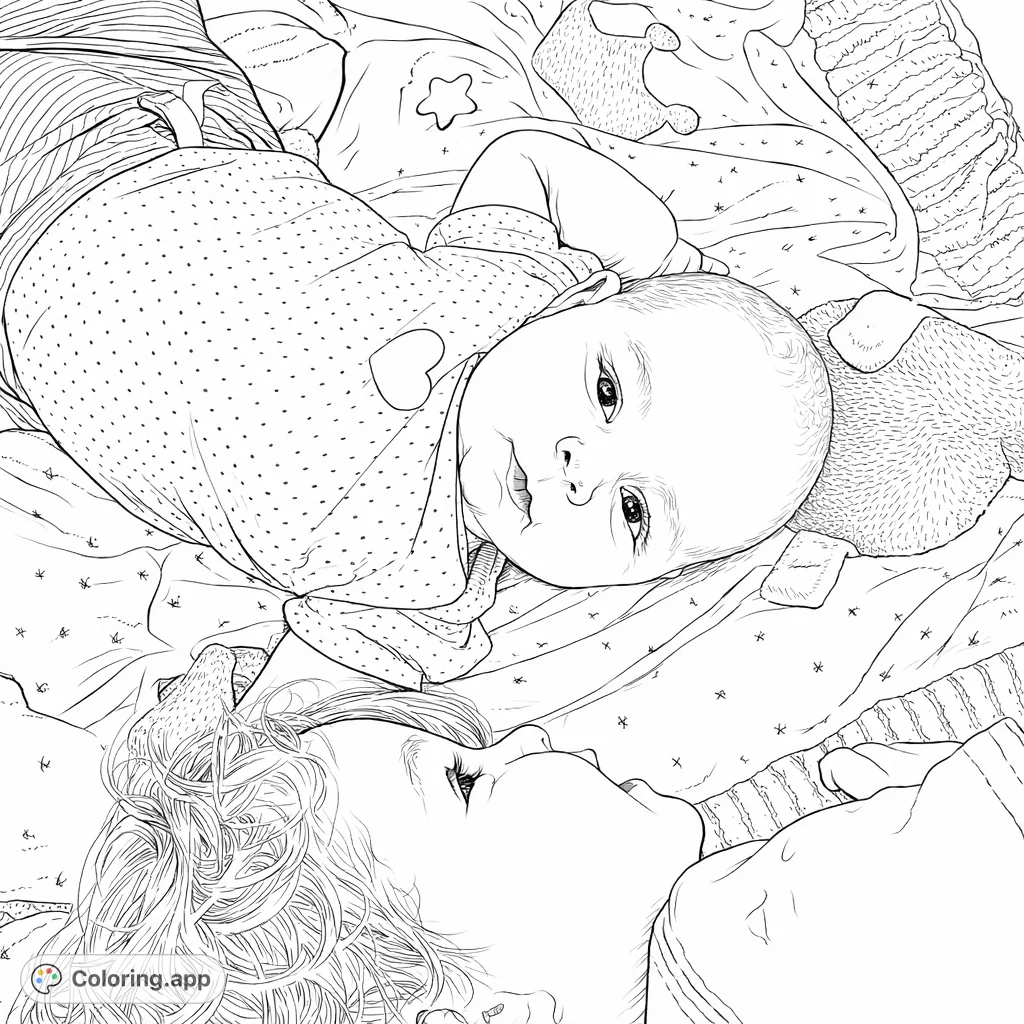 Capture a heartwarming moment between two siblings. An infant and an older child share a gentle gaze on a soft blanket, perfect for coloring.