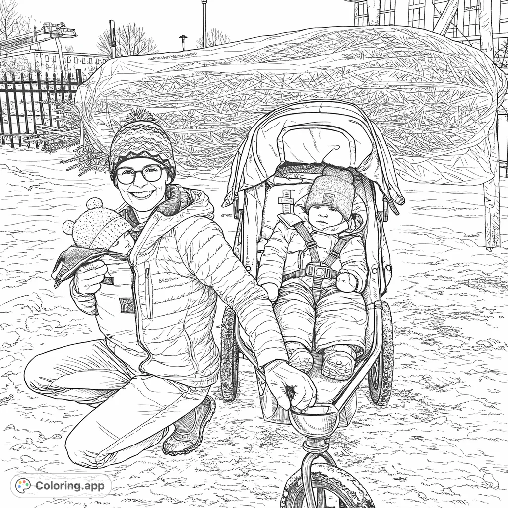 Capture the heartwarming scene of a family outing in a snowy landscape. Featuring a parent with two children and a festive evergreen tree, perfect for holiday coloring.
