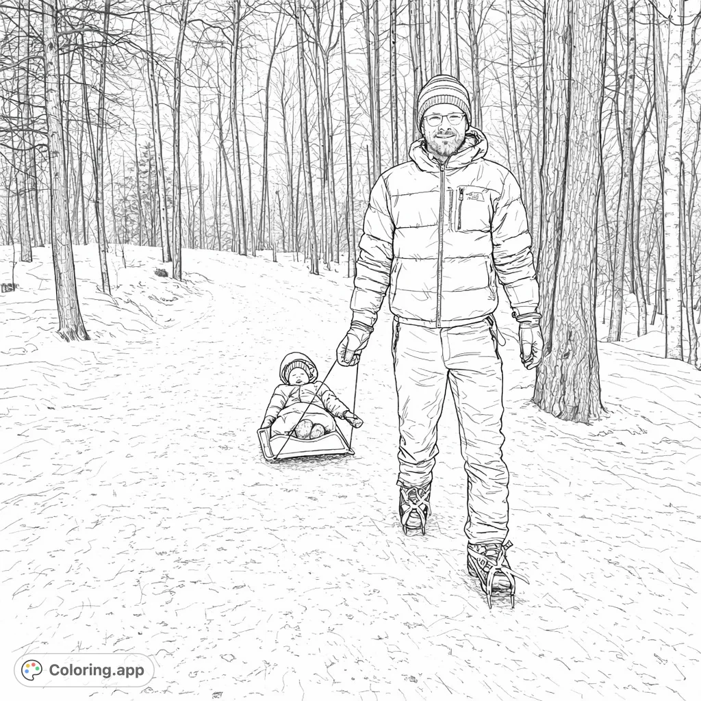 A heartwarming winter scene of an adult pulling a child in a sled through a snowy forest, perfect for a cozy and detailed coloring experience.