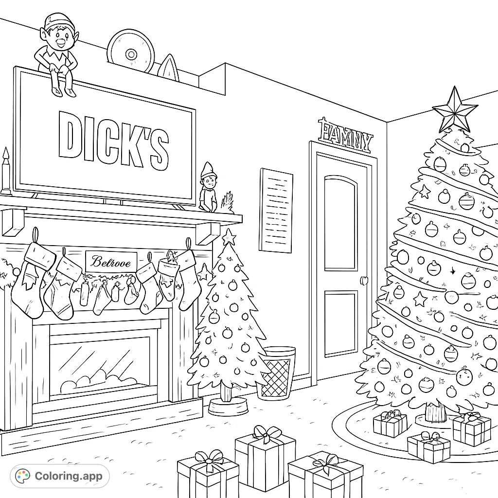 Immerse yourself in a festive Christmas living room with a decorated tree, cozy fireplace, and hidden elf, perfect for holiday coloring fun. Free printable Christmas coloring page.