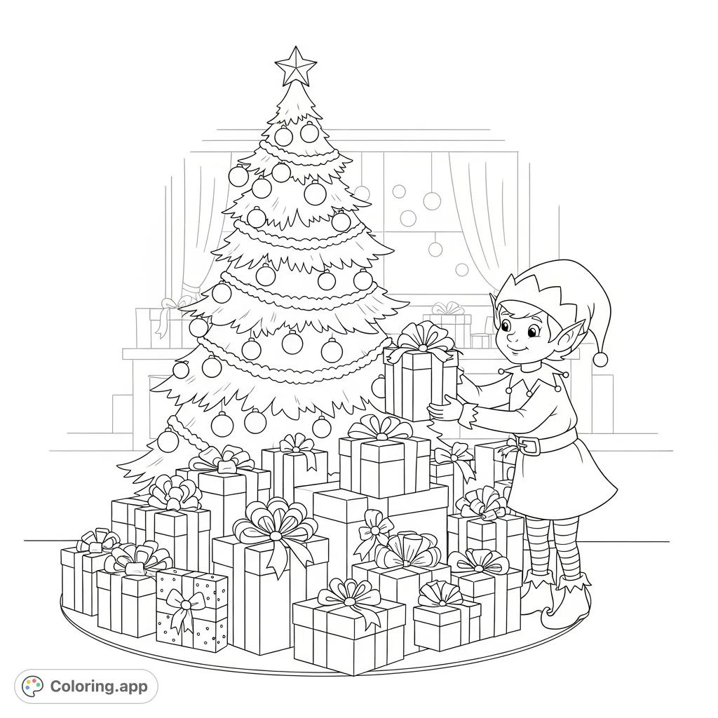 A festive scene of a joyful elf admiring a stack of beautifully wrapped Christmas presents nestled under a decorated tree. Perfect for holiday coloring!