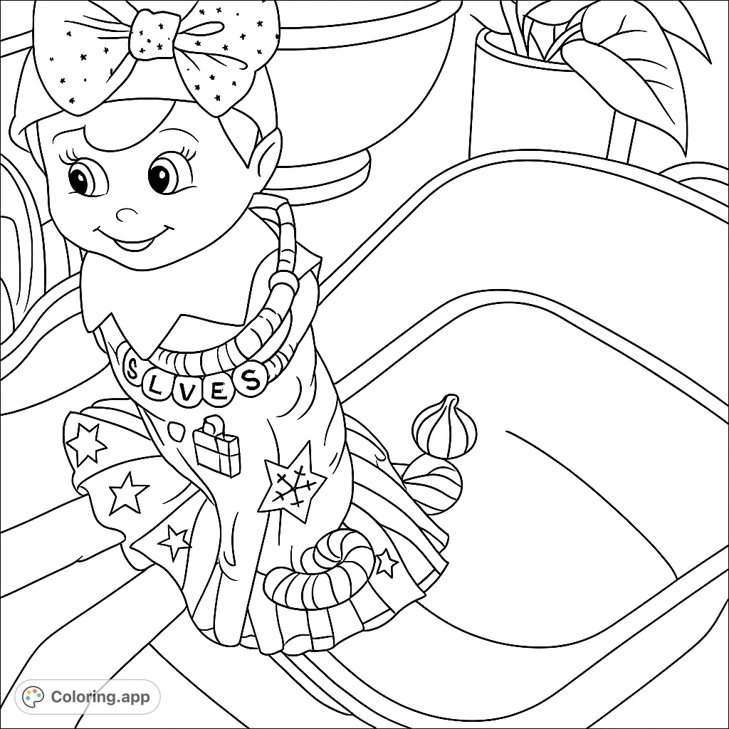 Unleash your creativity with this charming festive elf coloring page, featuring a detailed doll in a patterned dress with holiday accessories.