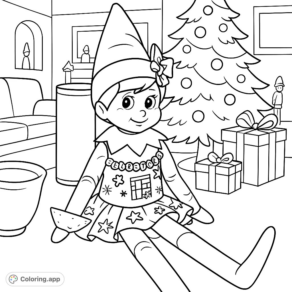 A charming elf doll sits patiently, dressed in a festive outfit with intricate details, holding a pastry, ready for a playful holiday coloring adventure.