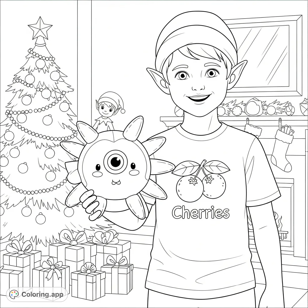 An endearing elf-like character holds a unique, one-eyed plush toy amidst a scenic outdoor setting with trees, a partial RV, and distant automobiles.