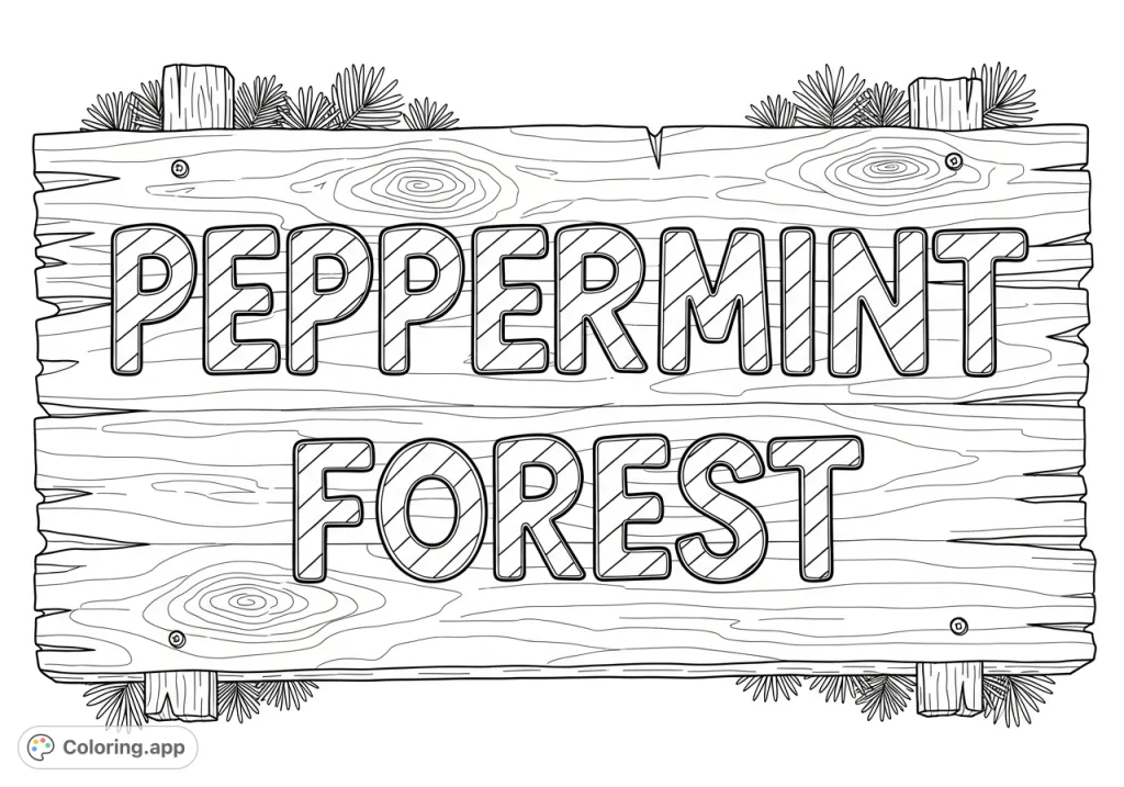 Discover a charming Peppermint Forest coloring page! A rustic wooden sign with candy cane striped letters invites you into a whimsical, festive scene.