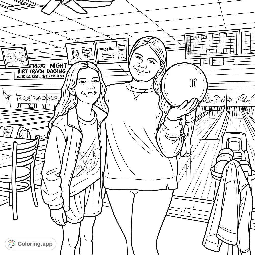 Two smiling individuals enjoy a day at the bowling alley, one holding a bowling ball, with lanes and pins in the background. Perfect for a fun, active scene.