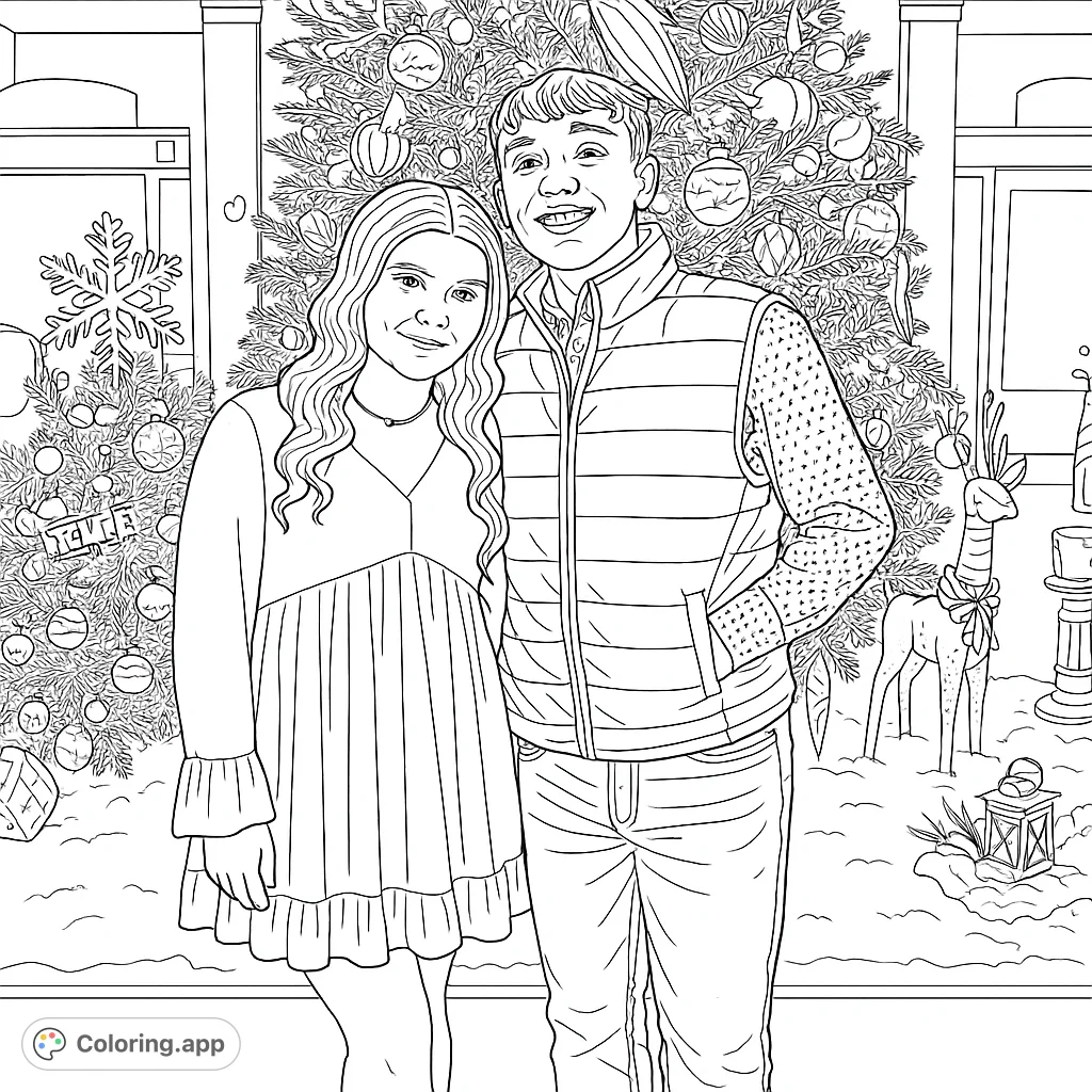 A delightful holiday scene featuring a smiling couple surrounded by lavishly decorated Christmas trees and festive winter props, perfect for seasonal coloring.