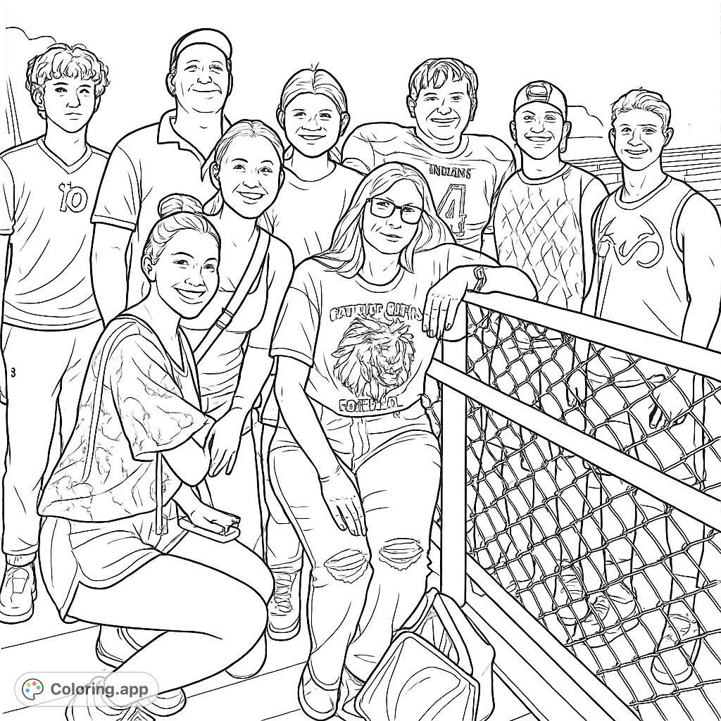 Capture a lively stadium family gathering featuring nine smiling individuals, from adults to younger members, posing happily on the stands with a fence and stadium lights.