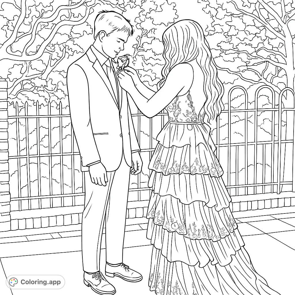 Capture the elegance of a formal event with this detailed coloring page, featuring a couple in elegant attire and a tender boutonnière pinning moment.