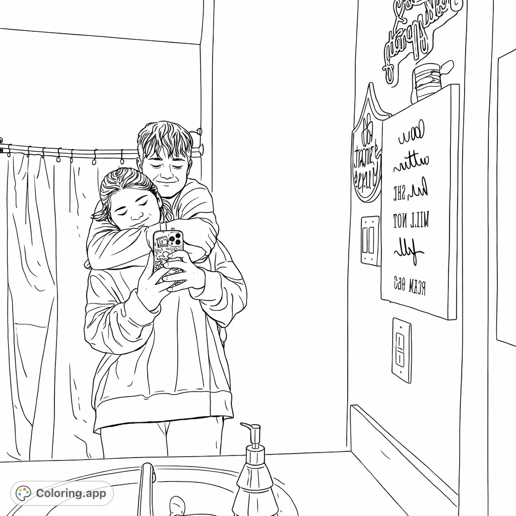 Capture a sweet moment of two individuals embracing in a mirror's reflection. A detailed scene with decorative elements perfect for personal expression.