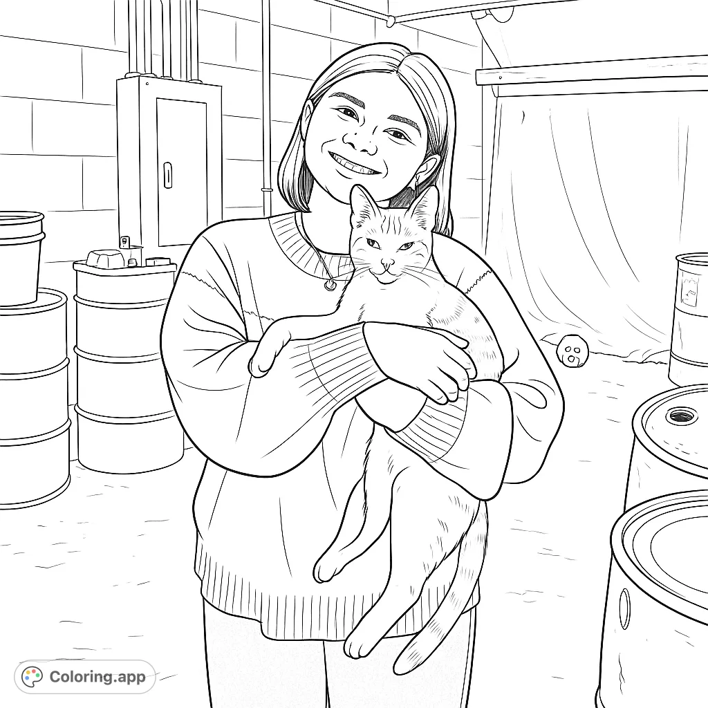A heartwarming scene featuring a smiling person gently cradling a beloved cat, set against a rustic background with industrial elements and scattered hay.