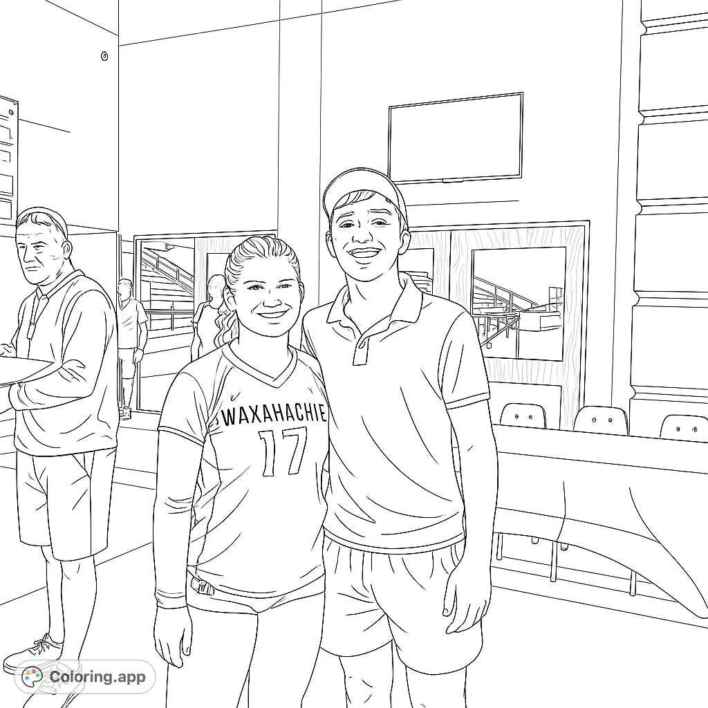 A vibrant sports-themed coloring page featuring a smiling volleyball player and her friend, set in a lively indoor environment. Perfect for sports enthusiasts.