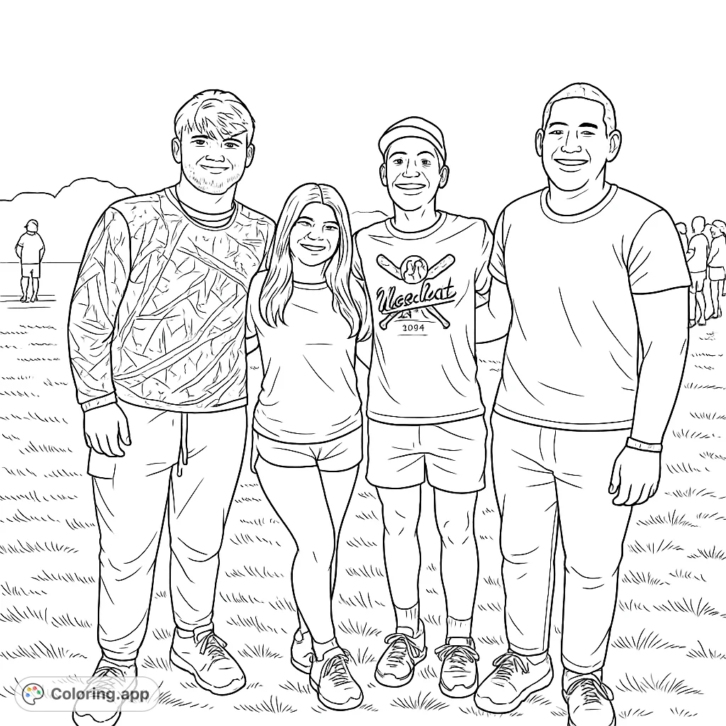 Color this lively scene of four friends posing together on a grassy field at night. Capture their unique styles and the camaraderie of a memorable gathering.