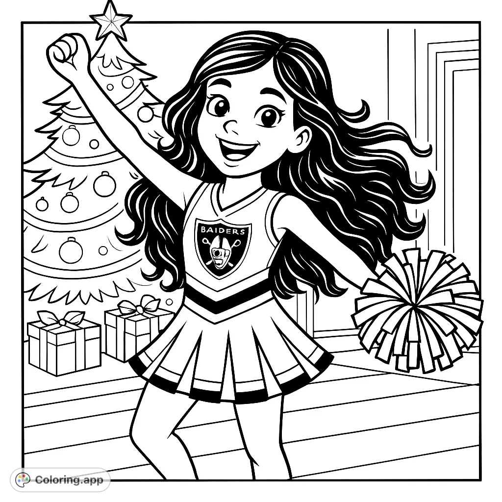 Celebrate the season with this cheerful cheerleader coloring page! A lively girl in uniform holds a pom-pom, surrounded by a festive tree and presents.