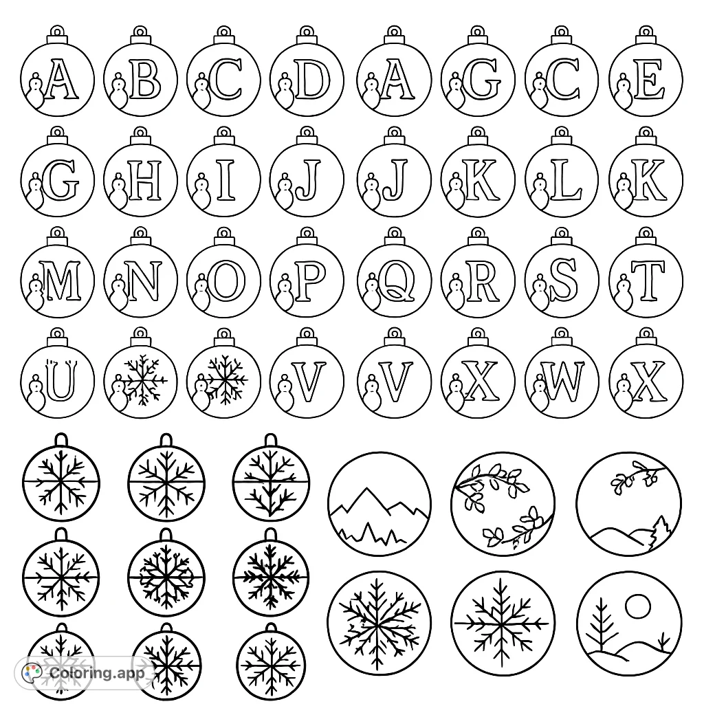 A delightful collection of simple winter-themed circular ornaments, featuring the alphabet A-Z and various snowflake designs. Perfect for easy, festive coloring.