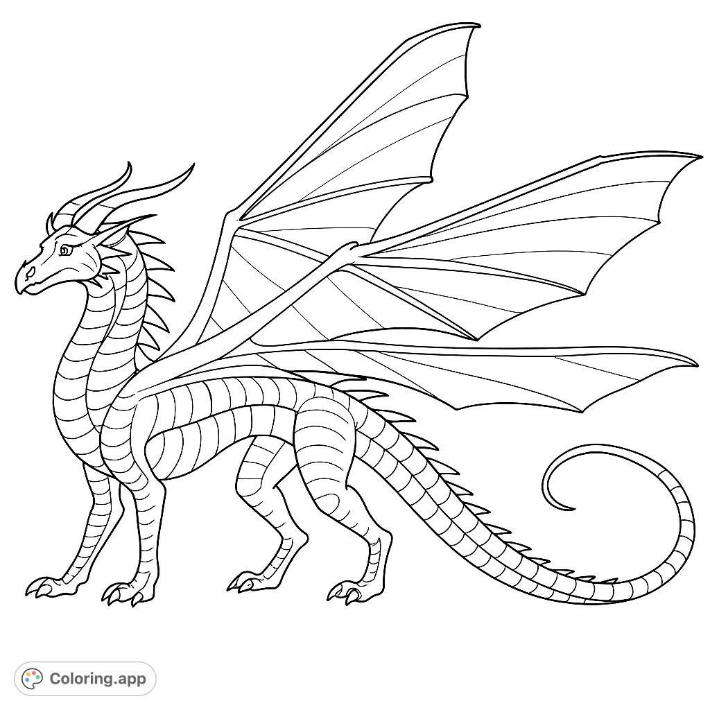Unleash your creativity on this detailed insectoid dragon coloring page. Featuring intricate scales, majestic horns, and delicate, veined wings, it offers a captivating challenge.