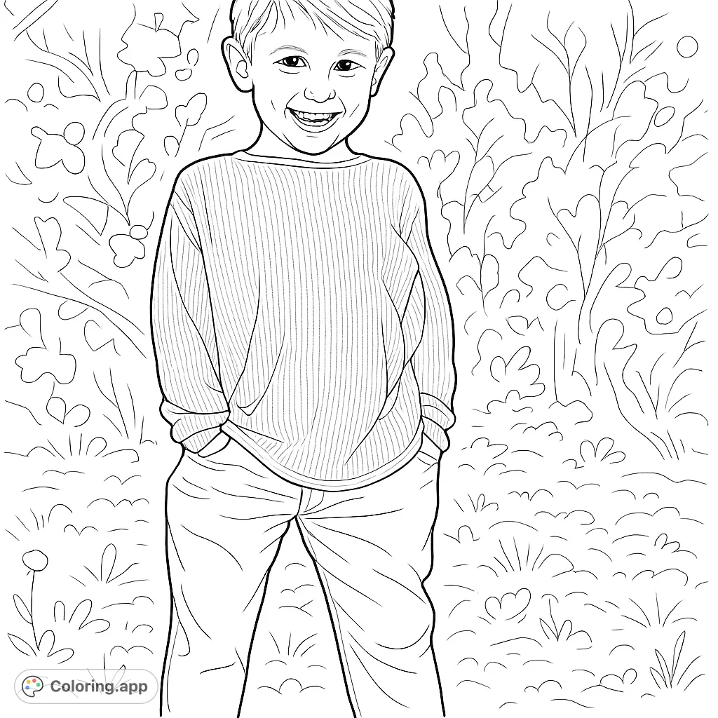 Capture the joy of a young boy with a beaming smile, hands in pockets, standing in a natural outdoor setting. A delightful portrait for creative expression.