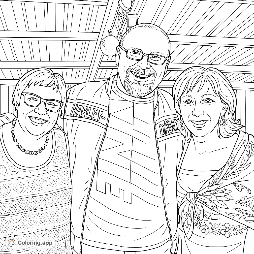 A heartwarming portrait of three smiling friends, featuring a man with a patterned shirt and two women with detailed attire, under a shelter structure.