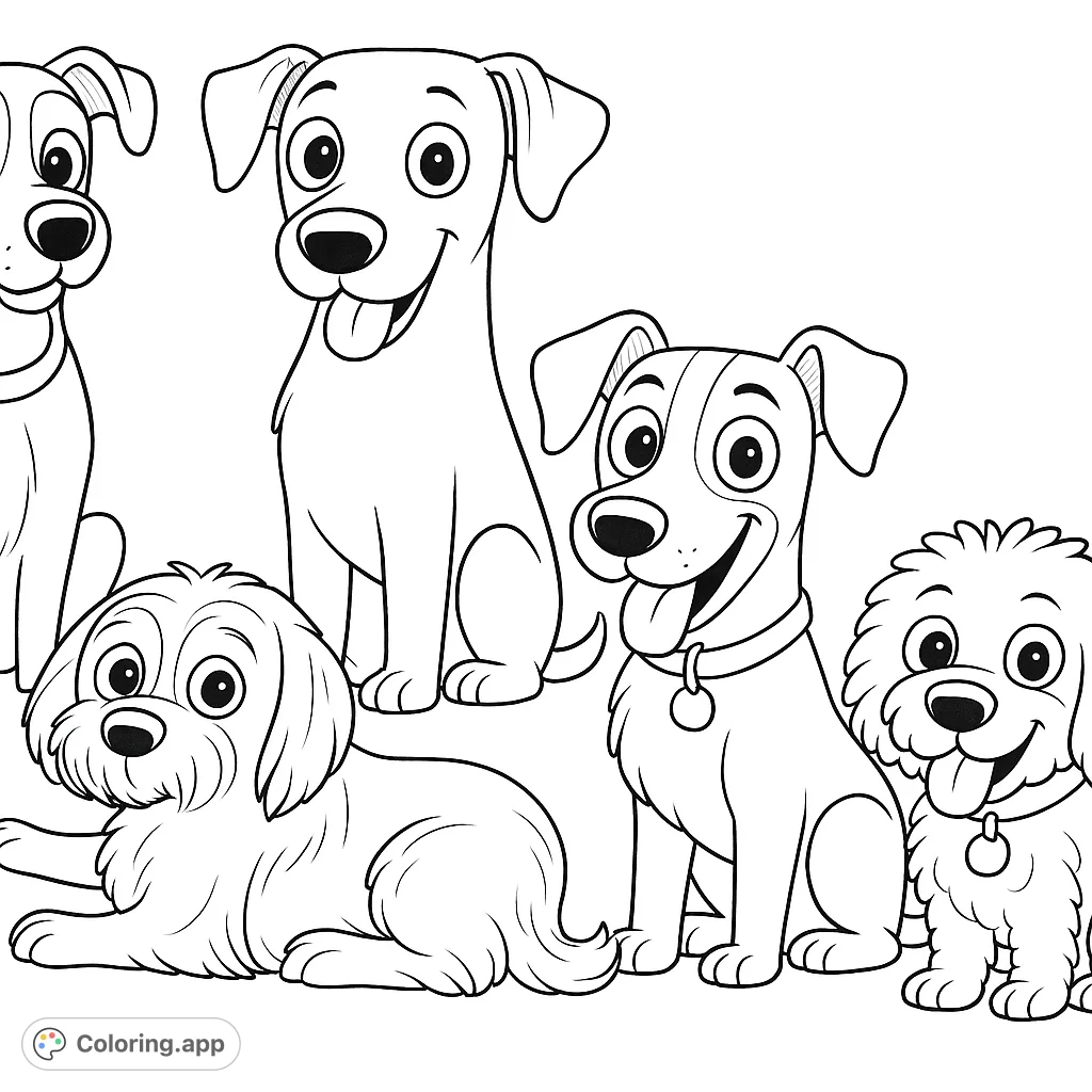 A delightful gathering of five friendly cartoon dogs, each with unique features and expressions, ready to be brought to life with your creative colors.