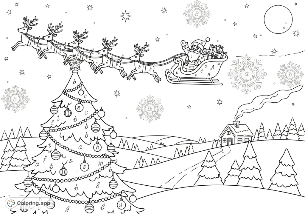 Explore a magical Christmas scene with Santa, reindeer, and a festive tree. Follow the letter clues to bring this delightful holiday wonderland to life!
