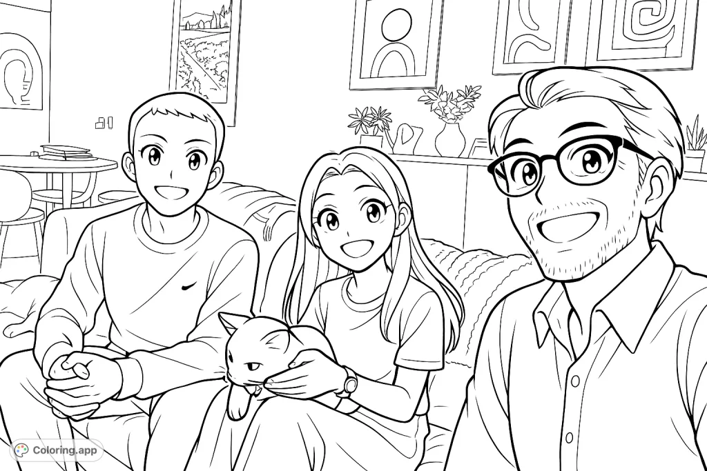 Capture a heartwarming moment of a happy family, including a charming pet cat, relaxing together on a cozy sofa. Perfect for adding your personal touch.