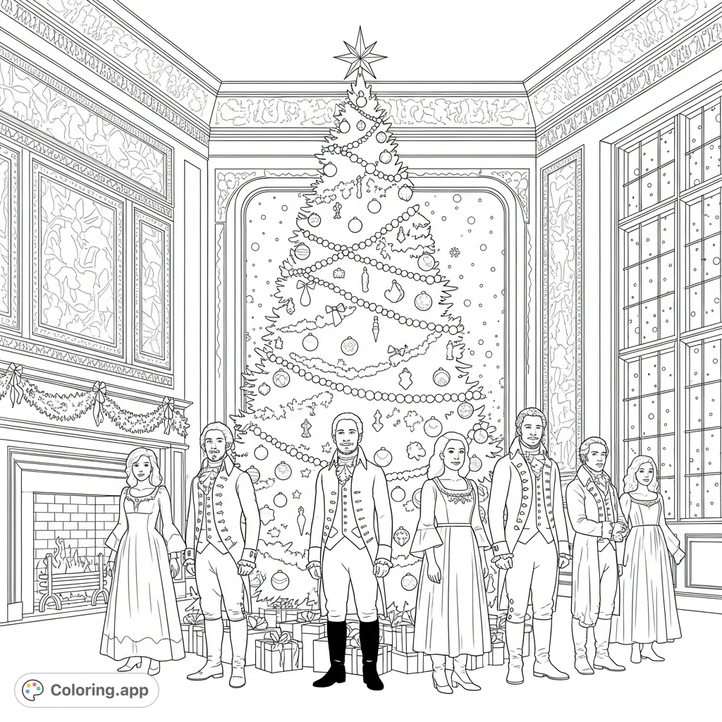 Iconic Hamilton characters celebrate Christmas around a magnificent, ornate tree in a lavish historical hall, blending theatrical history with festive joy.