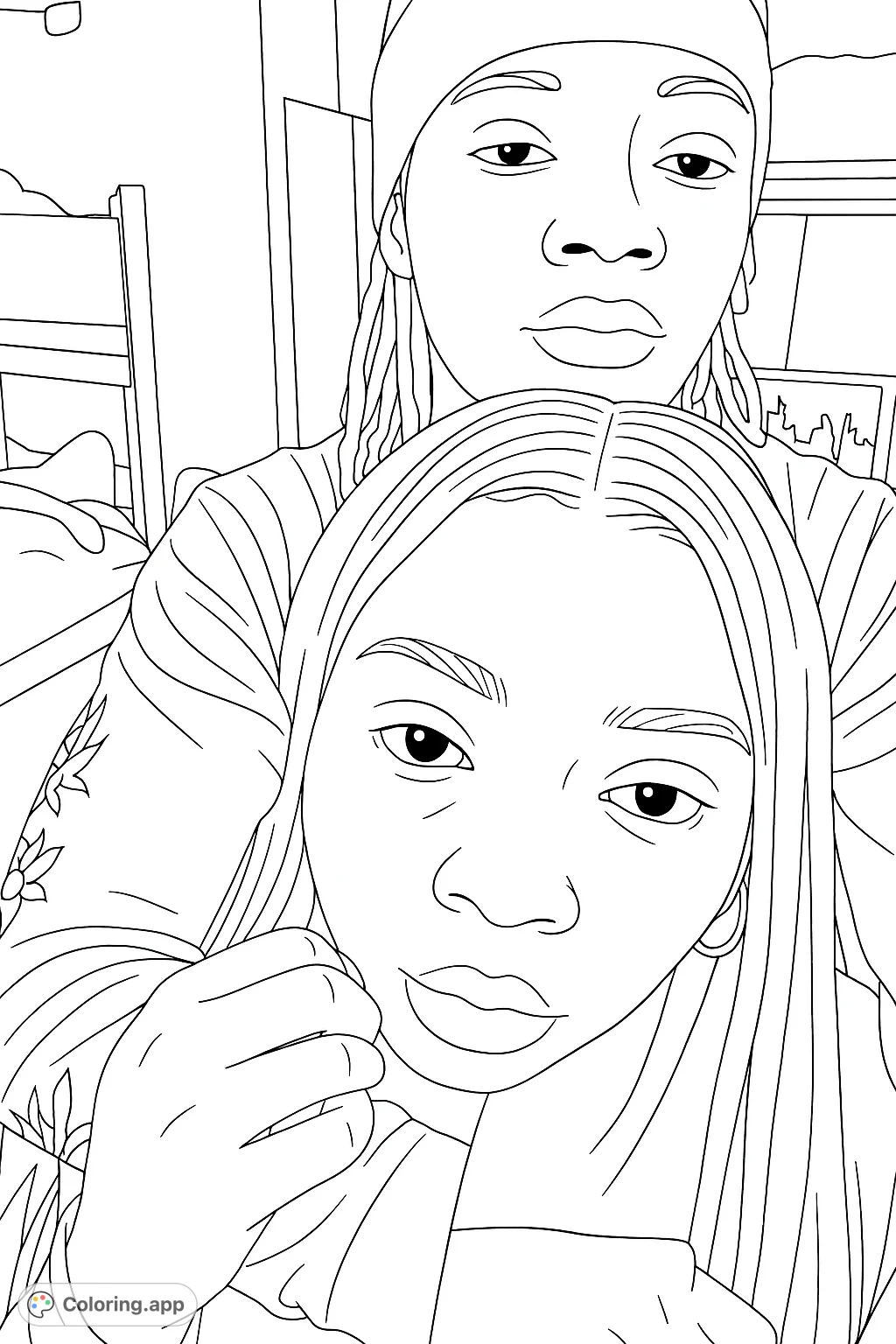 A heartfelt dual portrait captures two individuals in a close embrace. Features intricate details on faces, hair, and clothing for a meaningful coloring experience.