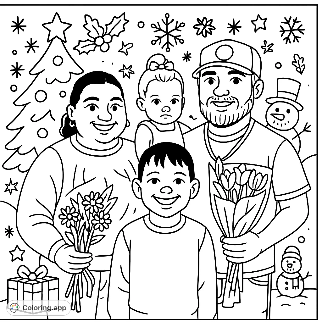A heartwarming Christmas family portrait coloring page, perfect for holiday fun. This free printable features festive decor, gifts, and a charming snowman, ideal for kids.