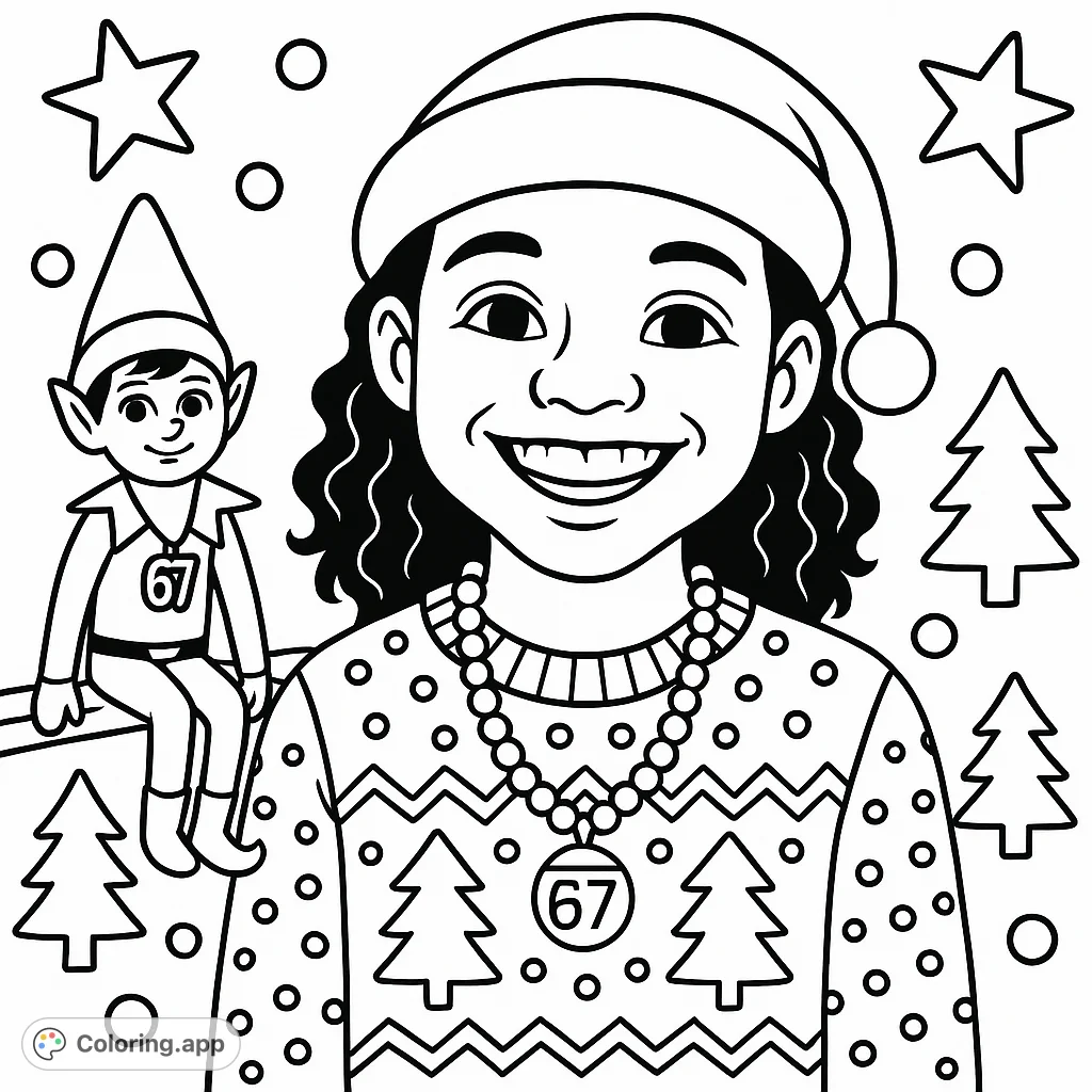 A charming Christmas coloring page of a smiling boy in a festive sweater and an elf on the shelf with a '67' necklace, set against a cheerful holiday background.