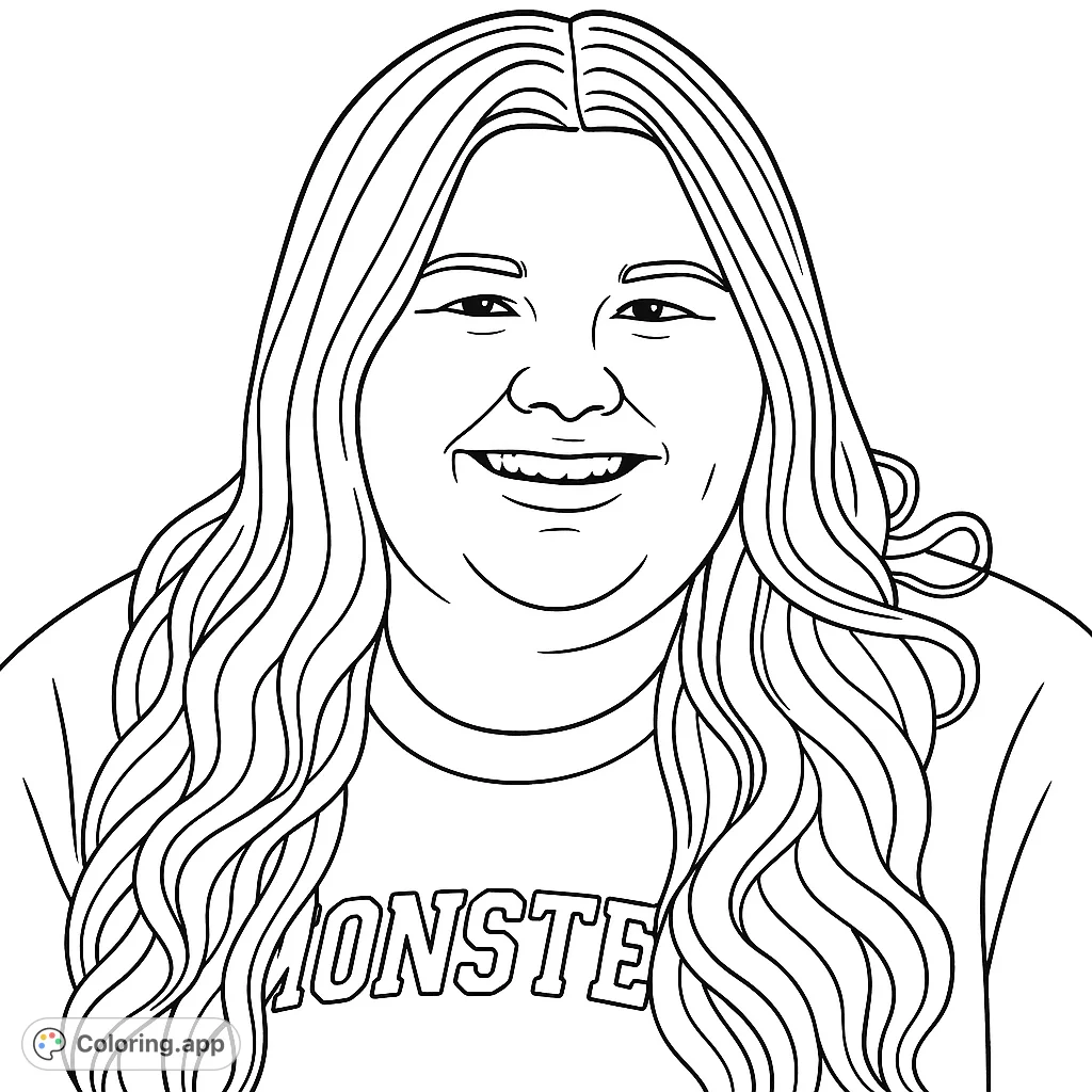 A cheerful young woman with flowing hair and a wide smile, wearing a top with a design, set against a plain background. Perfect for expressive coloring.