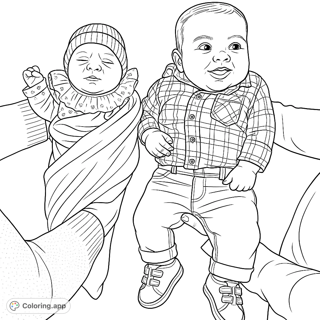 A heartwarming scene featuring a newborn baby swaddled and an older infant in casual wear, both lovingly held. Perfect for celebrating new arrivals.